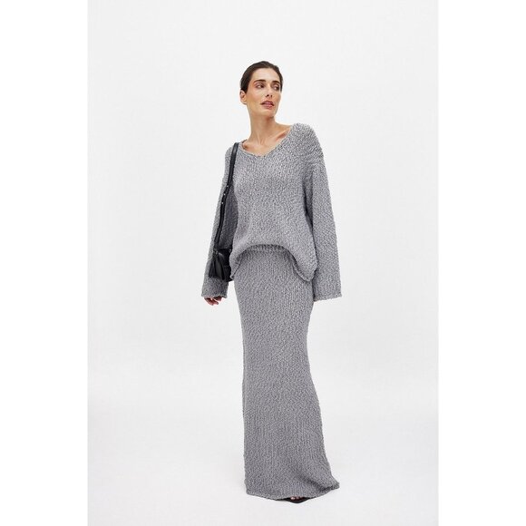 NA-KD 2 piece set structured knitted v neck sweater maxi skirt chunky gray S M - Picture 1 of 16
